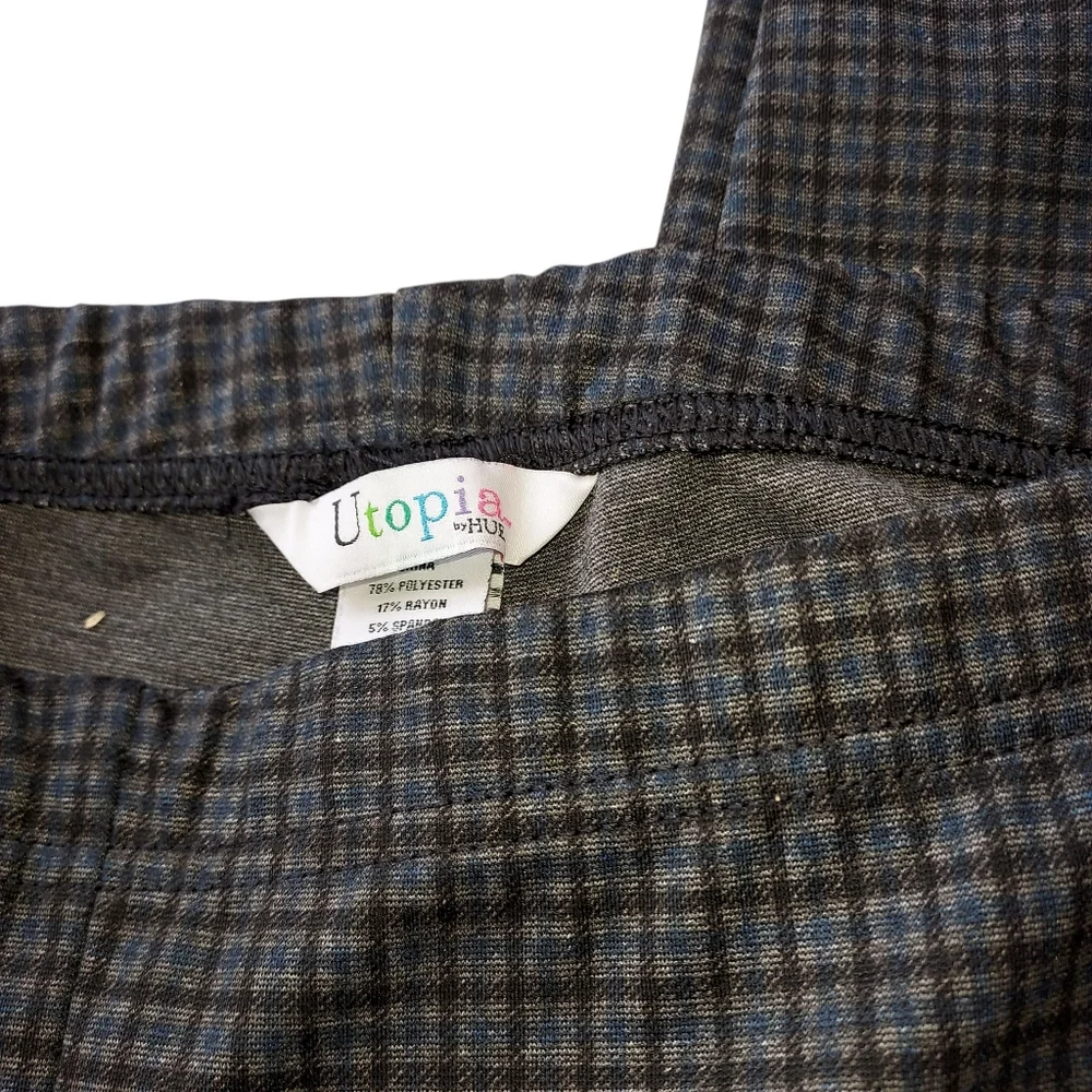 Utopia By Hue Women’s Large Dark Plaid Dress Pants Fall Winter Gray Blue Black